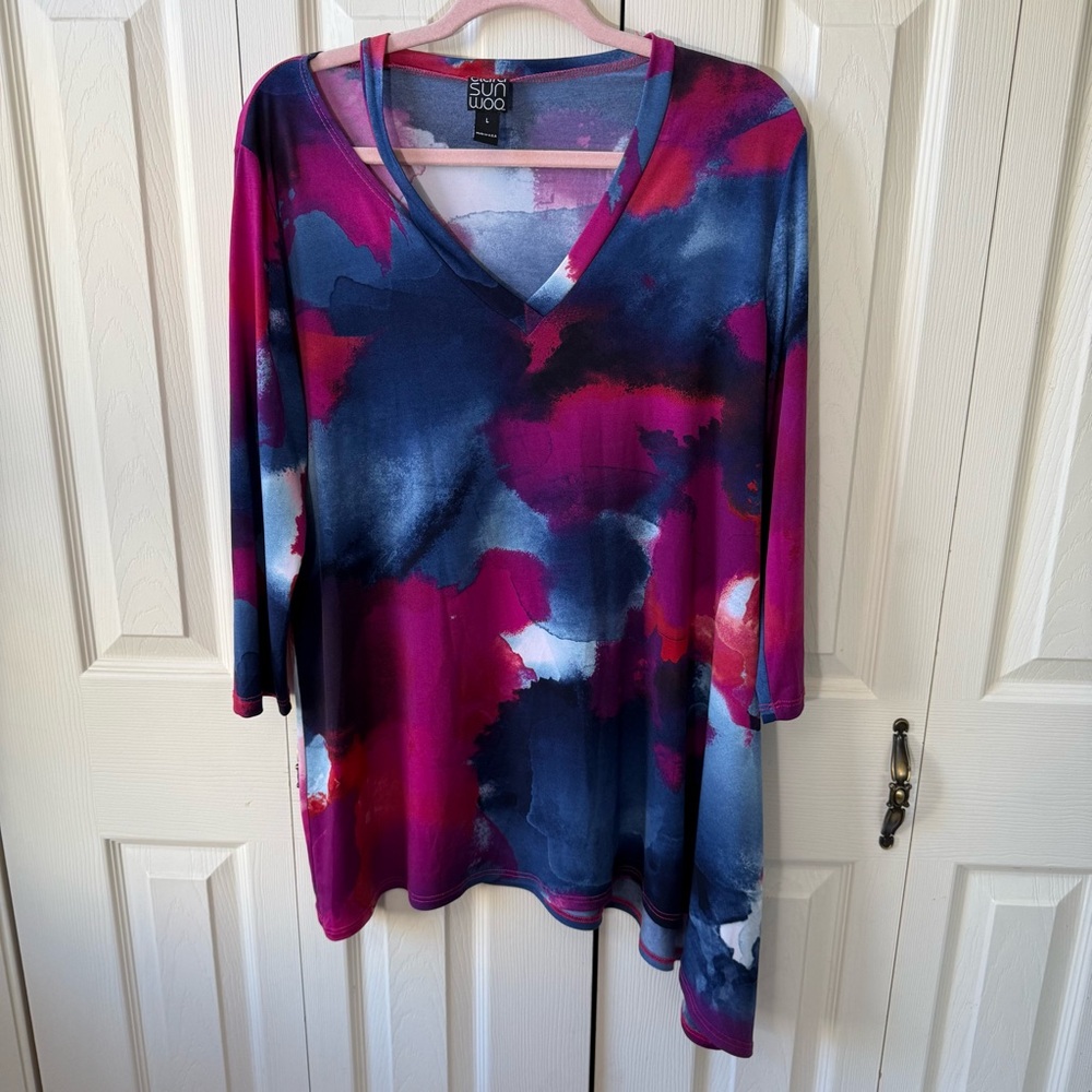 Clara Sun Woo Asymmetrical Tunic Blouse Vibrant Watercolor Womens Size Large